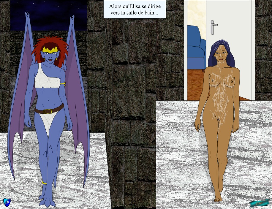 after_sex anklet bat_wings belt blue_body blue_hair blue_skin bodily_fluids breasts cum cum_on_belly cum_on_body cum_on_breasts cum_on_face dark_body dark_skin demona_(gargoyles) disney duo e621 elisa_maza_(gargoyles) fab3716 female french_text gargoyle gargoyles genital_fluids genitals hair human humanoid irl_trace jewelry mammal membrane_(anatomy) membranous_wings navel nipple_outline nipples nude red_hair tail text translated vulva wings
