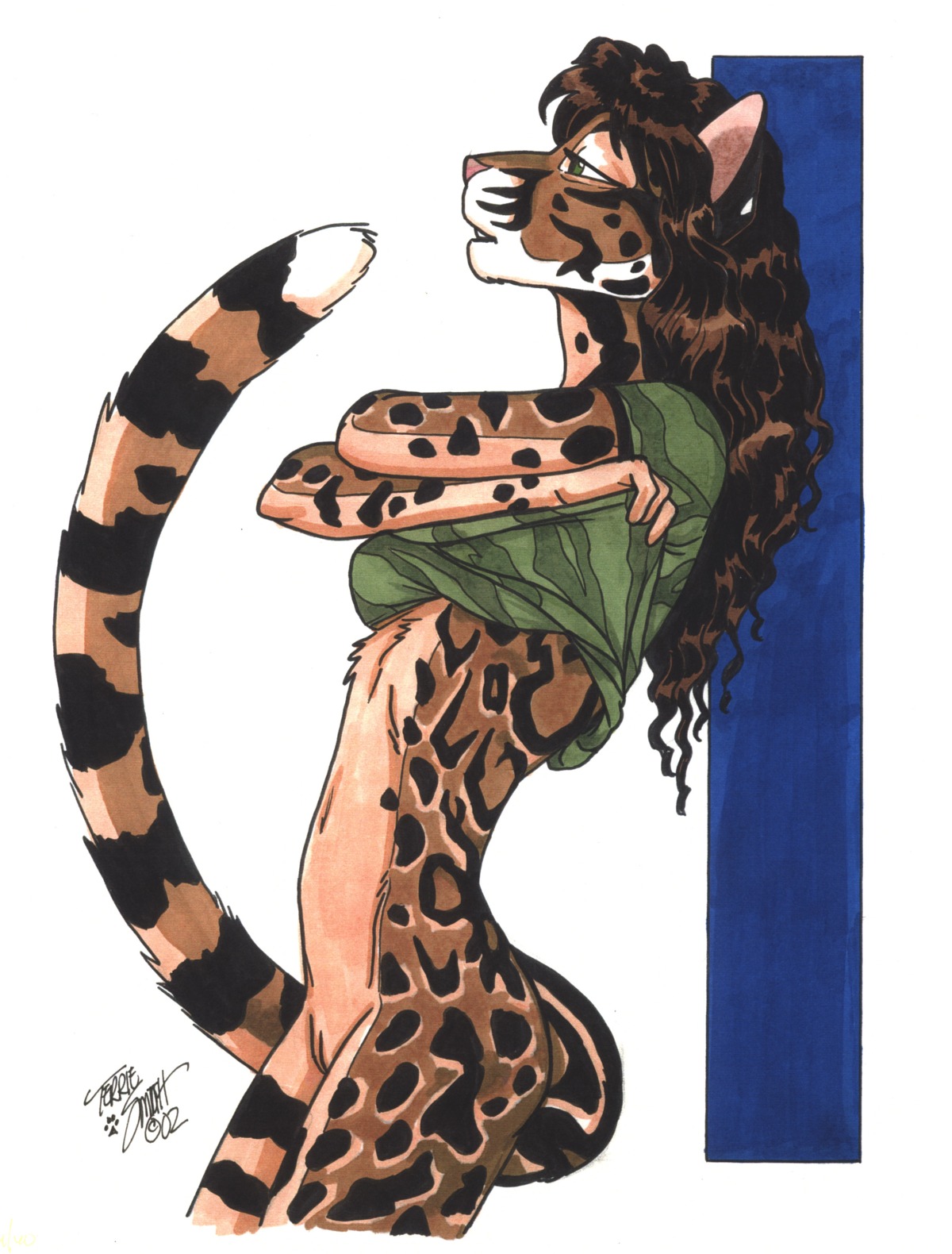 2002 absurd_res anthro clothing e621 felid female genitals hair hi_res leopard mammal pantherine pinup pose signature simple_background solo terrie_smith traditional_media_(artwork) undressing vulva white_background