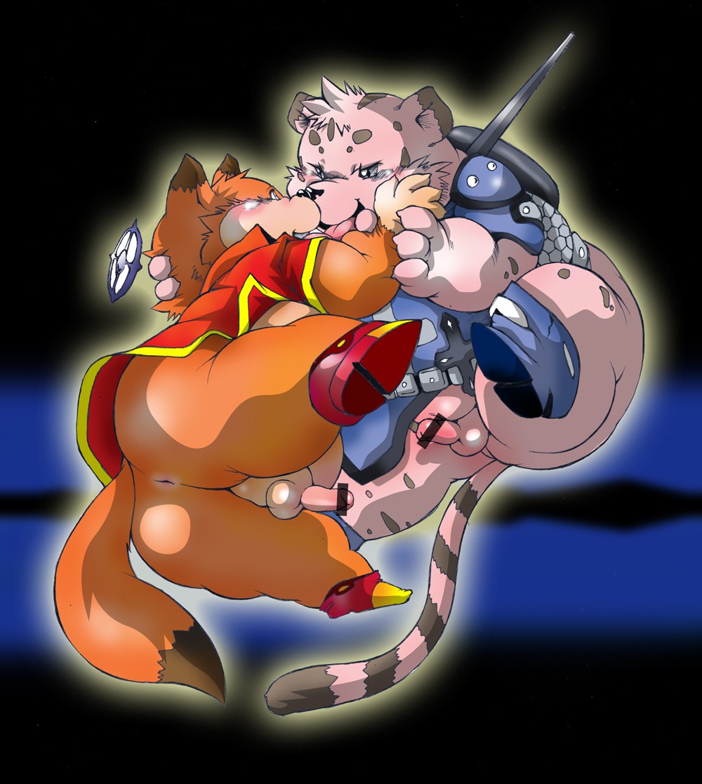 anthro blush bottomless butt canid canine censored chibineco clothed clothing dipstick_tail duo e621 erection eye_contact fox genitals kissing looking_at_another male male/male mammal markings penis slightly_chubby tail tail_markings unknown_species young young_anthro