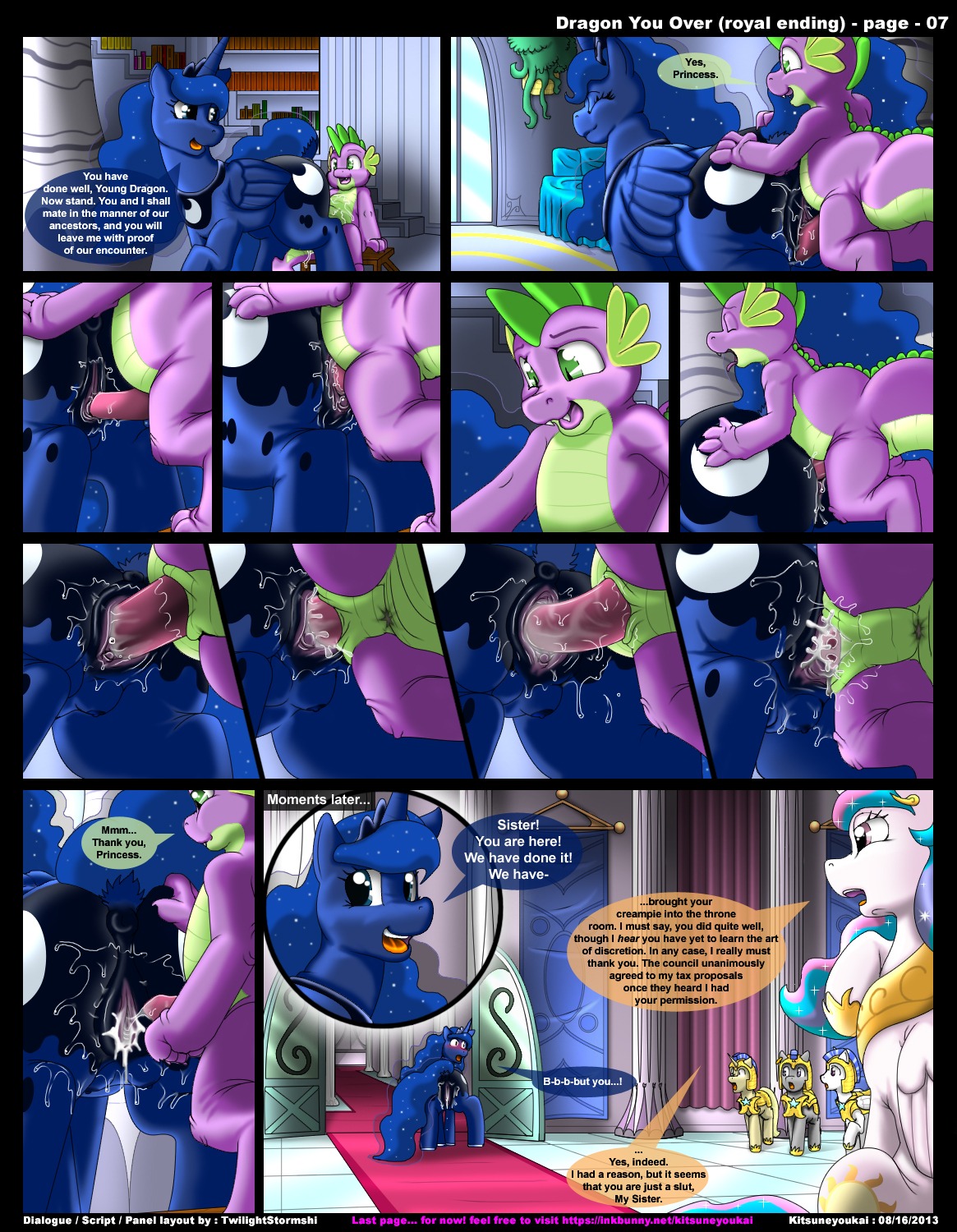 after_sex all_fours anus blue_body blue_feathers bodily_fluids butt comic cum cum_in_vagina cum_inside dialogue doggystyle dragon e621 english_text equid equine erection feathered_wings feathers female feral friendship_is_magic from_behind_position genital_fluids genitals group hasbro hi_res horn interspecies kitsune_youkai looking_back male male/female mammal my_little_pony mythological_creature mythological_equine mythological_scalie mythology nude penetration penis presenting presenting_hindquarters presenting_vulva princess_celestia_(mlp) princess_luna_(mlp) raised_tail royal_guard_(mlp) scalie sex spike_(mlp) tail teats text thick_tail vaginal_fluids vulva white_body white_feathers winged_unicorn wings