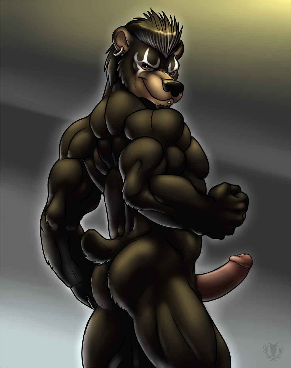 2013 abs abstract_background american_black_bear anthro athletic backsack balls bear biceps big_muscles big_penis biped black_bear black_body black_fur black_hair black_nose boondox brown_body brown_eyes brown_fur butt digital_media_(artwork) e621 ear_piercing erection facial_hair facial_piercing fist flexing fur genitals goatee grin hair hi_res humanoid_genitalia humanoid_penis lip_piercing looking_at_viewer looking_back male mammal muscular muscular_anthro muscular_male naughty_face nude pecs penis piercing portrait pose presenting presenting_hindquarters raised_arm raised_fist raised_hand rear_view simple_background small_tail smile solo standing tail tan_body tan_fur three-quarter_portrait ursine vallhound