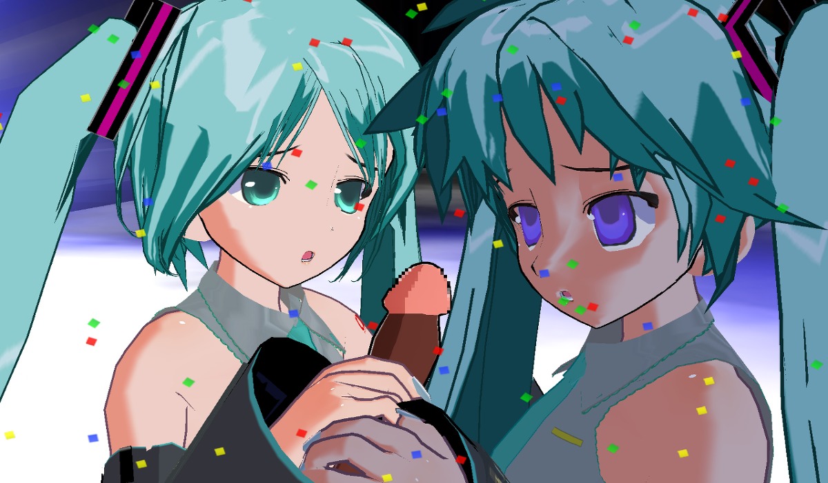 1boy 2girls aqua_eyes aqua_hair bangs bare_shoulders black_sleeves censored confetti detached_sleeves female ffm_threesome glitch grey_shirt group_sex hair_ornament handjob hatsune_miku hetero long_hair mosaic_censoring multiple_girls necktie open_mouth parted_lips penis purple_eyes rule34 shirt sleeveless sleeveless_shirt tagme threesome twintails upper_body vocaloid