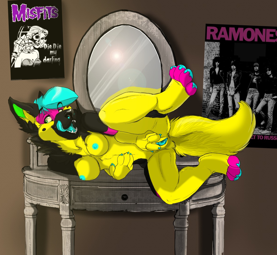anthro blue breasts canine crimes desk female fur furry german_shepherd green_eyes hazardhound masturbation mirror nipples nude pussy room rule34 spreading tongue tongue_out vanity