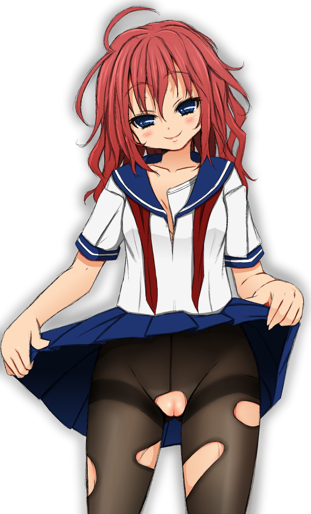anime_nose blue_eyes female highres long_hair naughty_face naz no_panties original pantyhose pussy red_hair rule34 school_uniform serafuku skirt skirt_lift torn_pantyhose uncensored undone_necktie untied