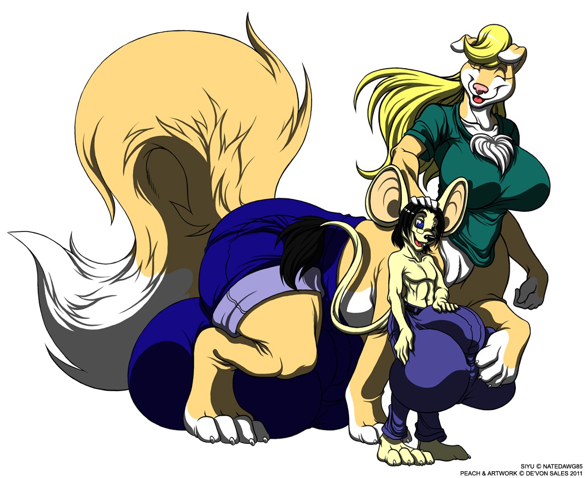 2011 animal_genitalia anthro balls big_balls big_bulge big_ears black_hair black_nose blue_eyes bottomwear bulge canid canid_taur canine canine_taur clothing denim denim_bottomwear denim_clothing deonwolf digital_media_(artwork) dipodomyine dipstick_tail duo e621 eyewear gang_xi_siyu genitals glasses gynomorph hair heteromyid huge_bulge hyper hyper_bulge intersex jeans kangaroo_rat larger_gynomorph larger_intersex larger_taur male mammal mammal_taur markings pants peach_(deonwolf) rodent siyu size_difference smaller_anthro smaller_male tail tail_markings taur wide_hips