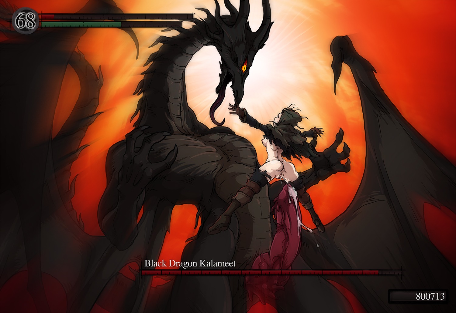 after_sex anus areola black_dragon_kalameet bodily_fluids breasts claws clothing cum dark_souls dragon duo e621 english_text erect_nipples erection european_mythology female fromsoftware genital_fluids genitals hair horn human interspecies knot male mammal membrane_(anatomy) membranous_wings muscular mythological_creature mythological_scalie mythology nipples nude penis precum scalie sparrow_(artist) tail text vein veiny_knot veiny_penis vulva western_dragon wings