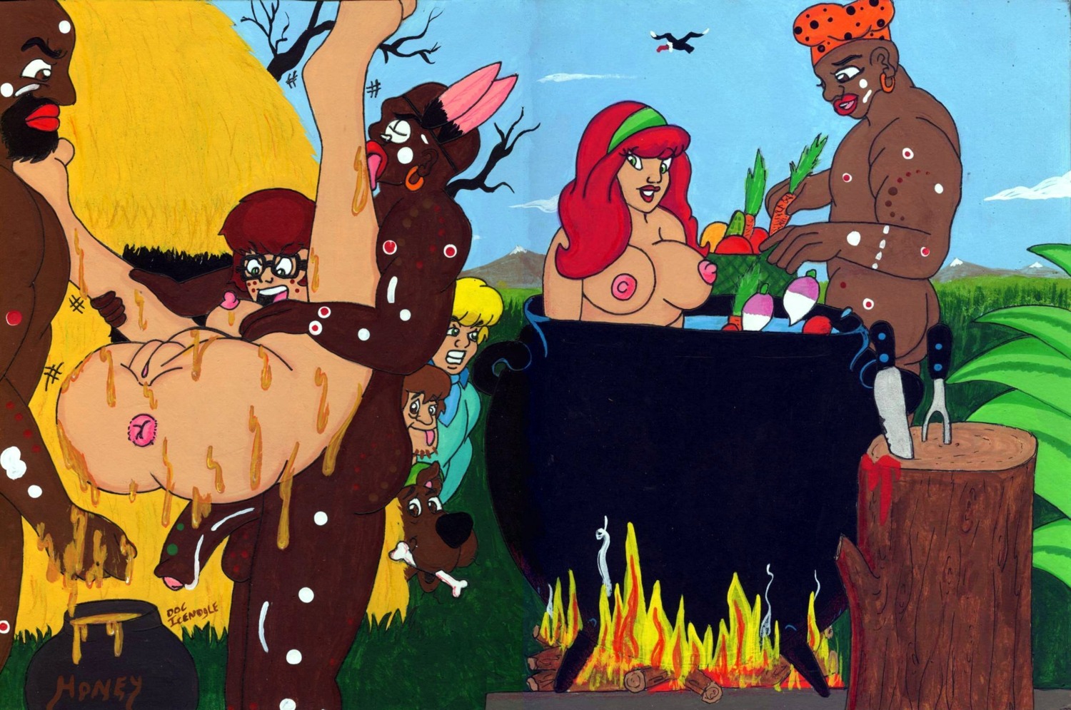 bad_anatomy canine cannibal cannibalism cooking daphne_blake dark-skinned_male dark_skin doc_icenogle female food fred_jones hanna-barbera interracial male nipples rule34 scooby-doo scooby-doo_(character) sex_slave shaggy_rogers slave velma_dinkley what