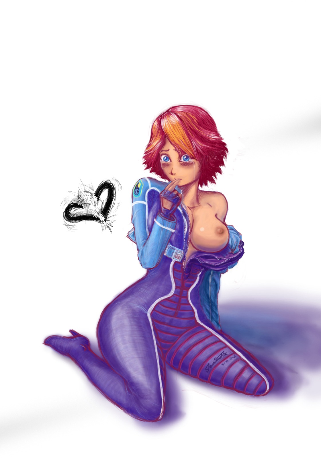 blush breasts clothes color female female_only front_view human joanna_dark nipples perfect_dark perfect_dark_zero rule34 sitting solo southpawper tagme