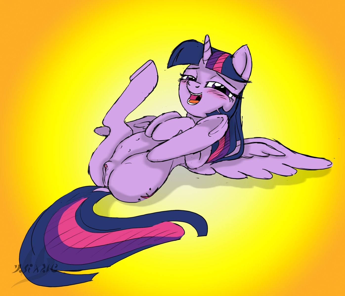 blush butt cutie_mark drake_drachenlicht e621 equid equine feathered_wings feathers female feral friendship_is_magic fur genitals hair half-closed_eyes hasbro hi_res horn long_hair looking_at_viewer lying mammal multicolored_hair my_little_pony mythological_creature mythological_equine mythology narrowed_eyes on_back presenting presenting_hindquarters purple_body purple_feathers purple_hair solo twilight_sparkle_(mlp) two_tone_hair vulva winged_unicorn wings