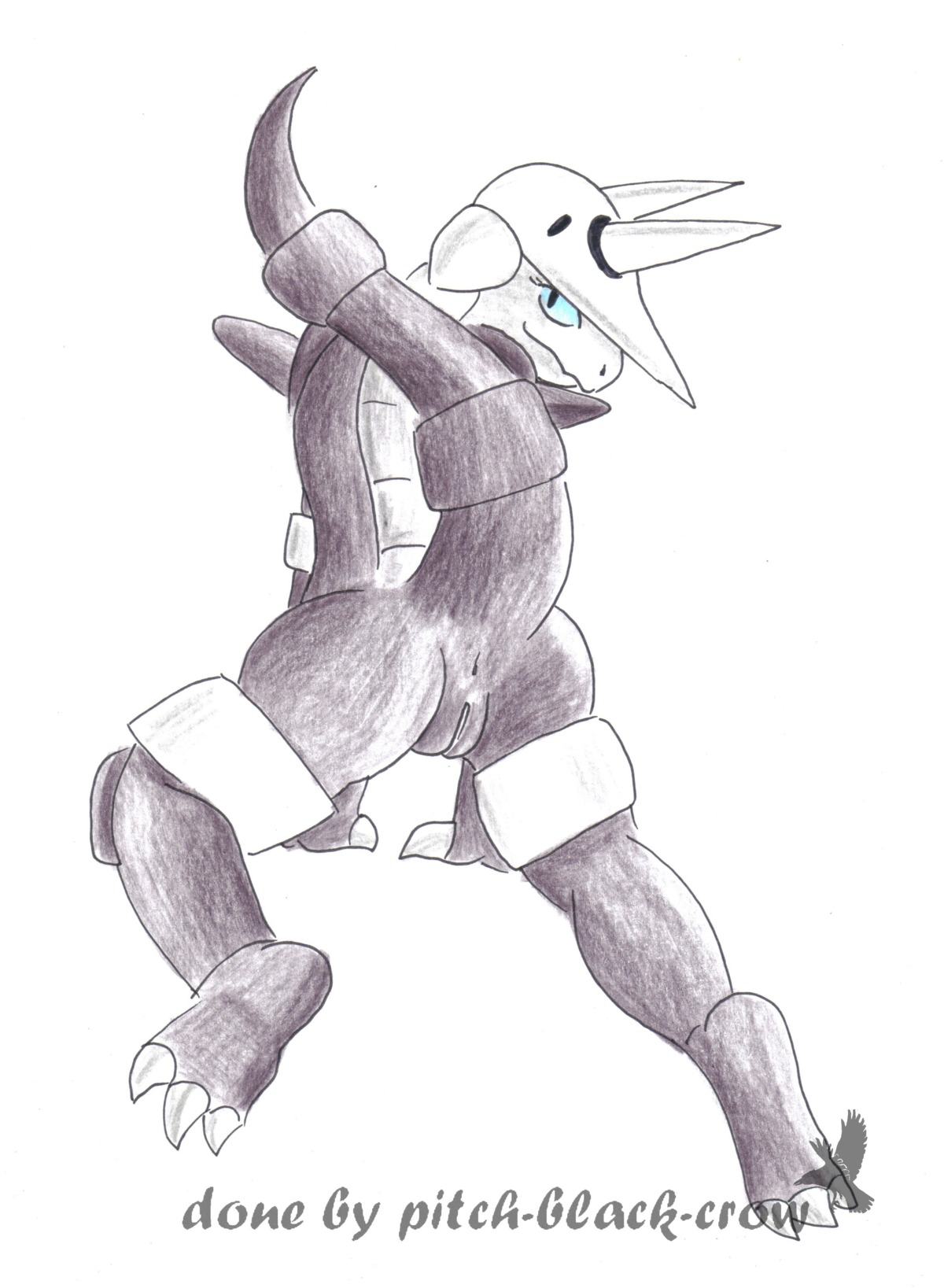 absurd_res aggron all_fours anthro anthrofied anus blue_eyes butt e621 feet female generation_3_pokemon genitals grey_body hi_res hindpaw horn looking_at_viewer looking_back monochrome nintendo paws pinup pitch-black-crow pokemon pokemon_(species) pokemorph pose presenting presenting_hindquarters raised_tail simple_background solo tail vulva watermark white_background