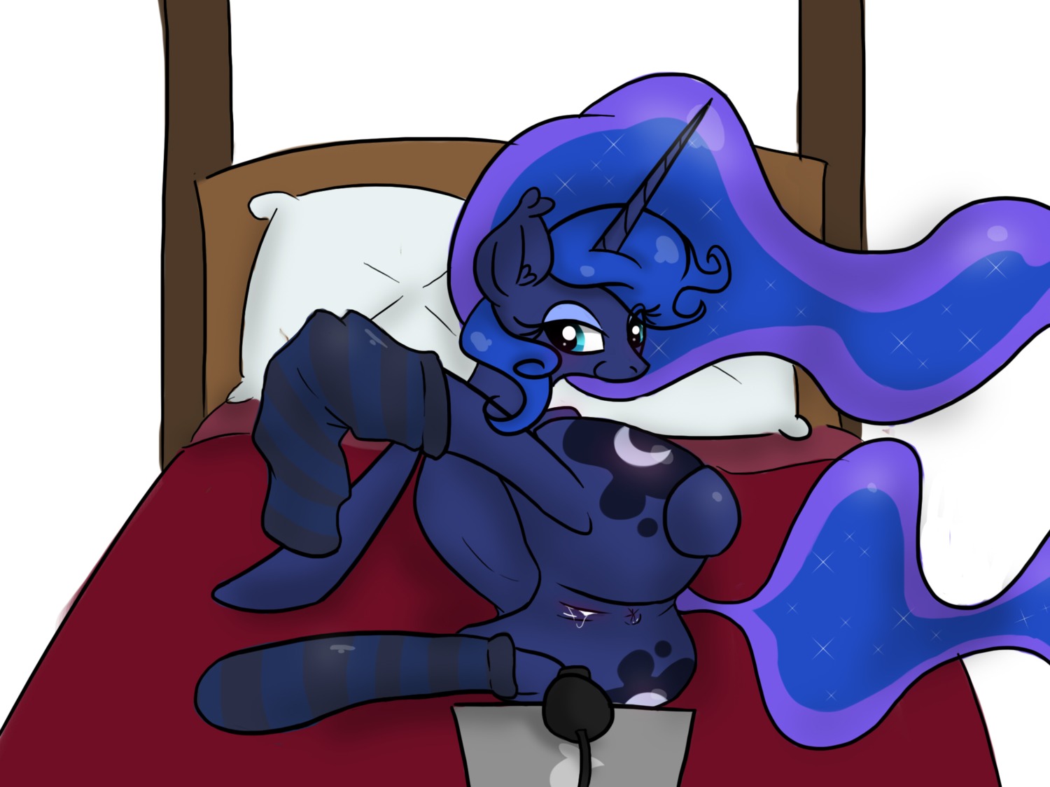 4:3 anus bed blue_body blue_eyes blue_fur blue_hair clothing cutie_mark e621 equid equine female footwear friendship_is_magic fur furniture genitals hair hasbro hi_res horn legwear long_hair mammal my_little_pony mythological_creature mythological_equine mythology pillow presenting presenting_vulva princess_luna_(mlp) socks solo unicorn unknown_artist vulva