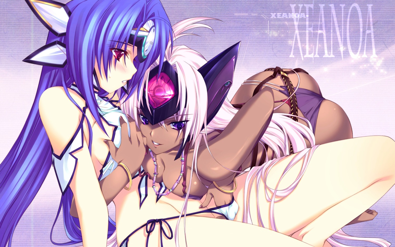 android bikini blonde_hair blue_eyes blue_hair blush breast_squeeze breasts cleavage cyborg dark_skin female fingering hand_in_panties highres iizuki_tasuku kos-mos long_hair mizugi multiple_females multiple_girls panties pink_eyes purple_panties rule34 side-tie_panties super_robot_wars super_robot_wars_og_saga_mugen_no_frontier swimsuit t-elos tan tanned underwear wallpaper white_panties widescreen xenosaga xenosaga_episode_iii yuri