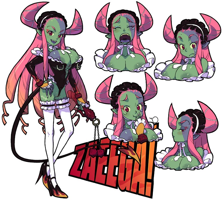areola_slip areolae blush bow breasts bridal_gauntlets cameltoe cleavage corset cuffs demon demon_girl dildo fangs female fire green_skin horns huge_breasts ishikawa_hideki laugh laughing long_hair maid manacles pink_hair pussy pussy_lips red_eyes ribbon rule34 smile sweat tail tear thighhighs zaeega