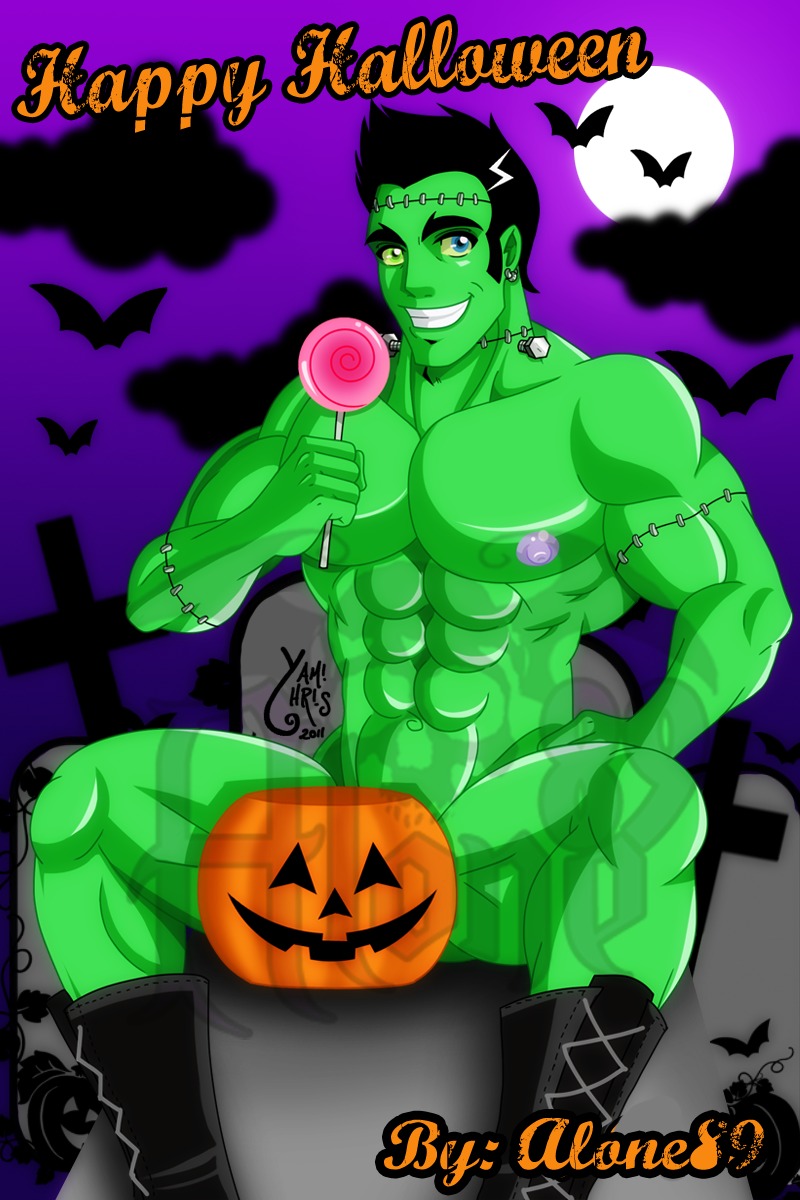 1boy alone89 bara bats bolts boots candy erect_nipples frankenstein frankenstein's_monster full_moon green_skin halloween jack-o'-lantern lollipop male male_only muscles muscular naked_footwear nipples no_visible_genitalia nude rule34 solo stitches tagme yaoi