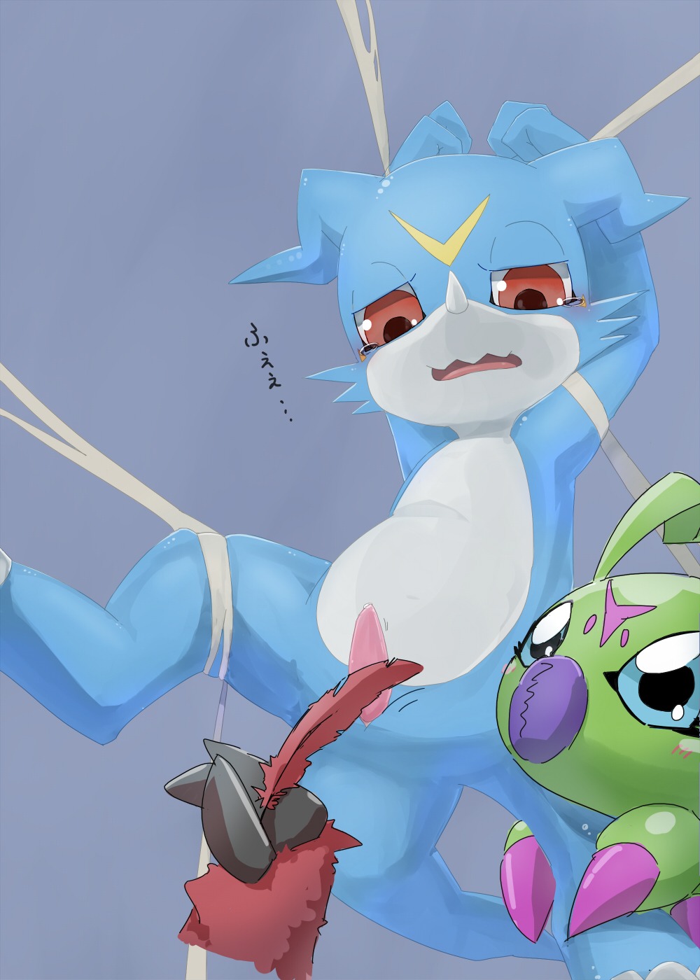 arthropod bandai_namco bdsm blue_body blue_skin bodily_fluids bondage bound digimon digimon_(species) disembodied_hand dragon e621 erection furukara genitals group hi_res insect japanese_text loose_feather male mythological_creature mythological_scalie mythology penis scalie solo_focus tail tears text tickling tickling_genitalia tickling_penis translated veemon wormmon