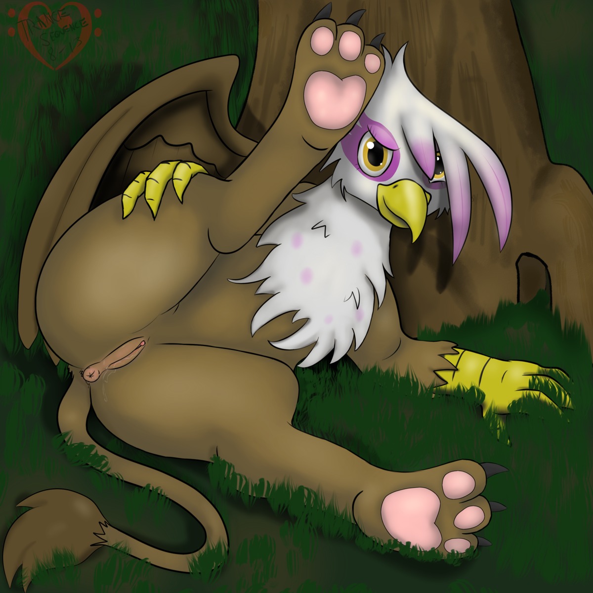 1:1 2013 absurd_res anus avian beak bodily_fluids brown_body brown_feathers e621 feathered_wings feathers female feral friendship_is_magic genital_fluids genitals gilda_(mlp) grass gryphon hasbro hi_res my_little_pony mythological_avian mythological_creature mythology outside plant presenting purple_body purple_feathers solo spread_legs spreading tail trancesequence tree vaginal_fluids vulva white_body white_feathers wings