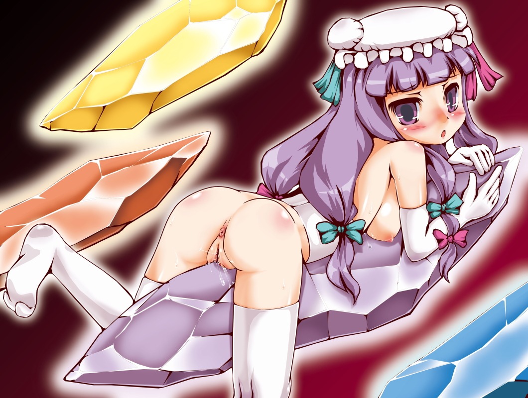 anus ass blush bow bows breasts censored crotch_rub crystal crystals female female_only gloves hat human long_hair lying nipples open_mouth patchouli_knowledge purple_eyes purple_hair pussy pussy_juice rule34 scribble_censor solo sukiyo thighhighs touhou