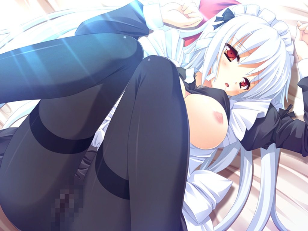 bed blush breasts censored female game_cg irina_vladimirovna_putina long_hair maid nimura_yuushi nipples osananajimi_wa_daitouryou pantyhose pussy red_eyes rule34 wet white_hair