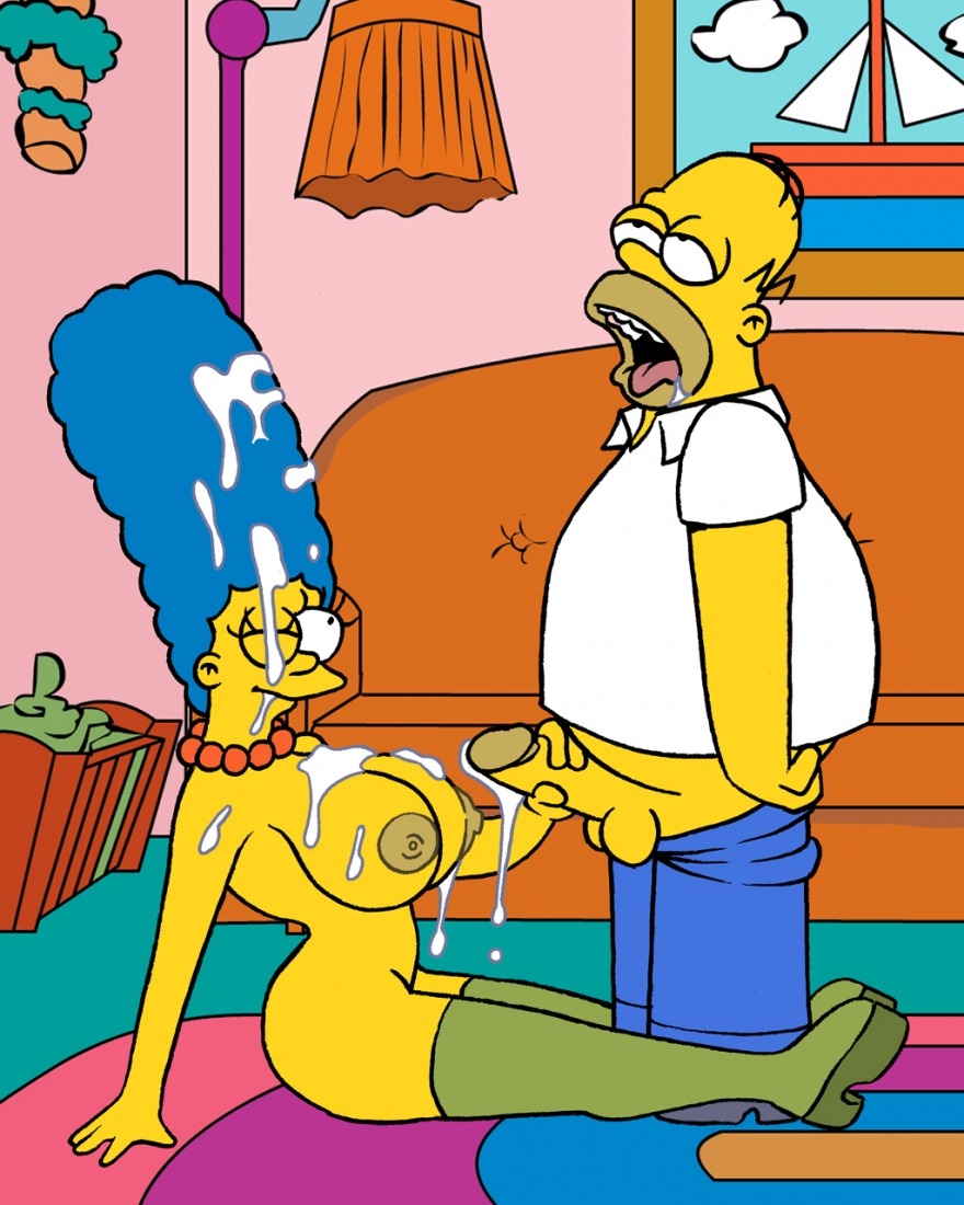 after_sex blue_hair breasts clothes color cum female hair homer_simpson human indoors male marge_simpson nipples rule34 side_view sitting standing straight tagme the_simpsons yellow_skin