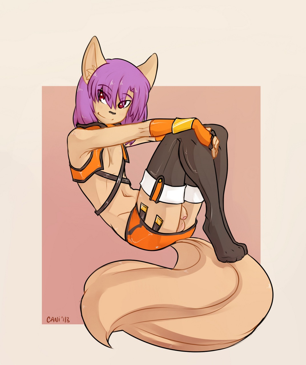 absolute_territory anthro arc_system_works balls biped black_nose blazblue blush bottomwear canid canine caninelove clothed clothing cosplay digital_media_(artwork) e621 femboy fenix_(fenix-fox) flaccid foreskin fox genitals gloves hair handwear hi_res legwear makoto_nanaya male mammal navel penis presenting purple_hair red_eyes shaded shirt skimpy skirt solo stockings thigh_highs topwear