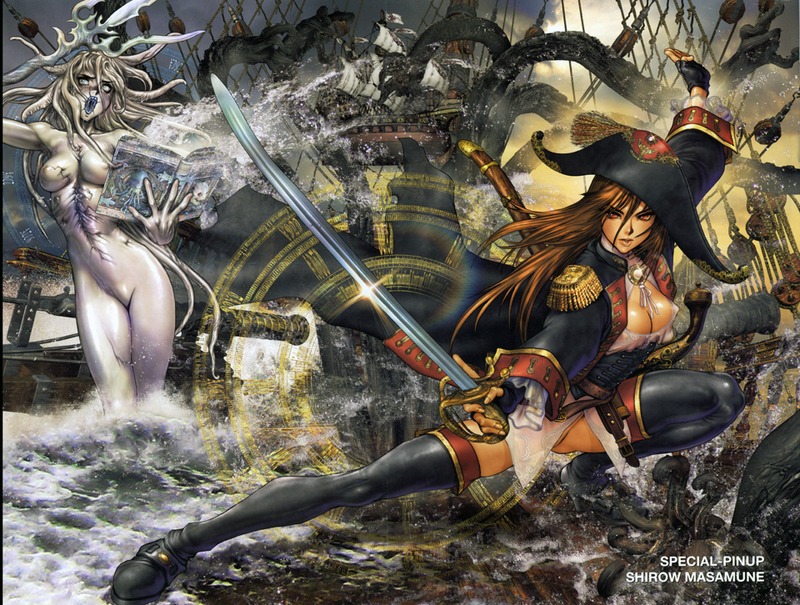 female hat hellcat monster_girl ocean octopus pirate rule34 sea shirou_masamune shirow_masamune spell sword tentacle weapon