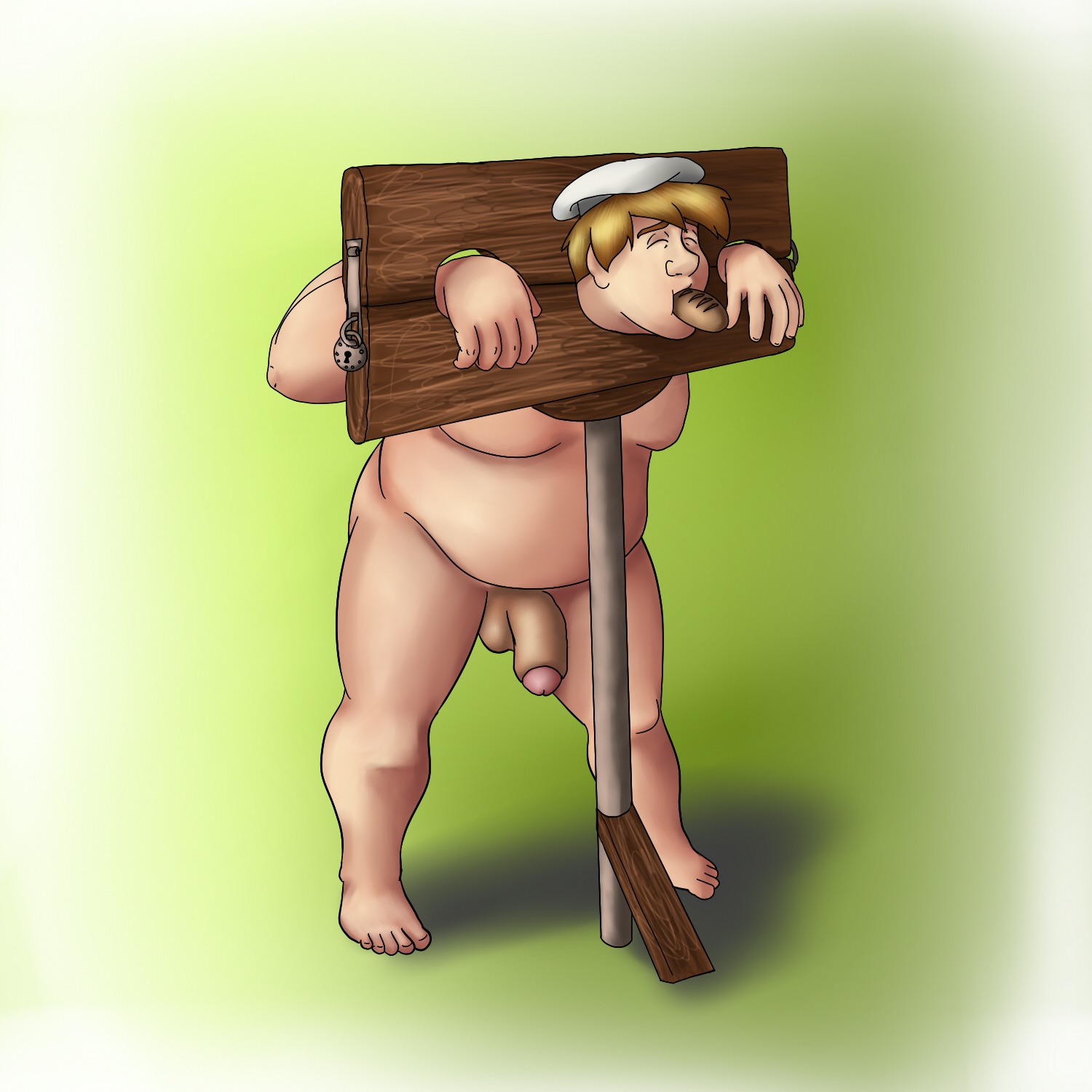 1boy balls barefoot bear-kun bread chubby cinderella_(1950_film) digital_media_(artwork) disney hat male male_only penis pillory rule34 stocks tagme testicles the_baker_(cinderella) yaoi