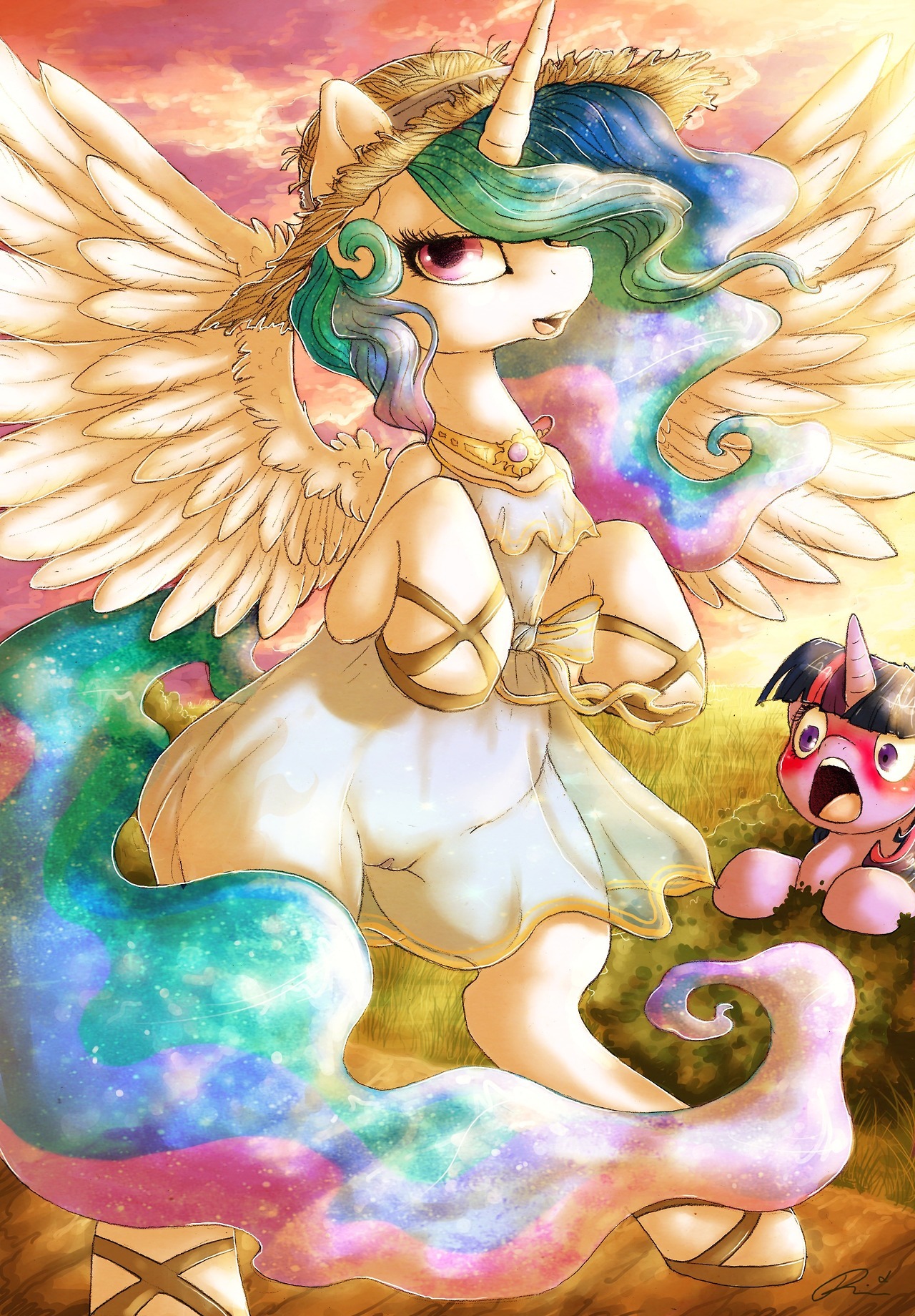 2013 being_watched blush clothing cloud cutie_mark dimwitdog duo e621 equid equine feathered_wings feathers female feral friendship_is_magic fur genitals hair hasbro hat headgear headwear hi_res horn looking_at_another looking_at_viewer mammal multicolored_hair my_little_pony mythological_creature mythological_equine mythology on_hind_legs open_mouth outside plant princess princess_celestia_(mlp) purple_body purple_eyes purple_fur purple_hair quadruped royalty semi-anthro shrub straw_hat tail tongue translucent translucent_clothing twilight_sparkle_(mlp) two_tone_hair unicorn vulva white_body white_fur winged_unicorn wings