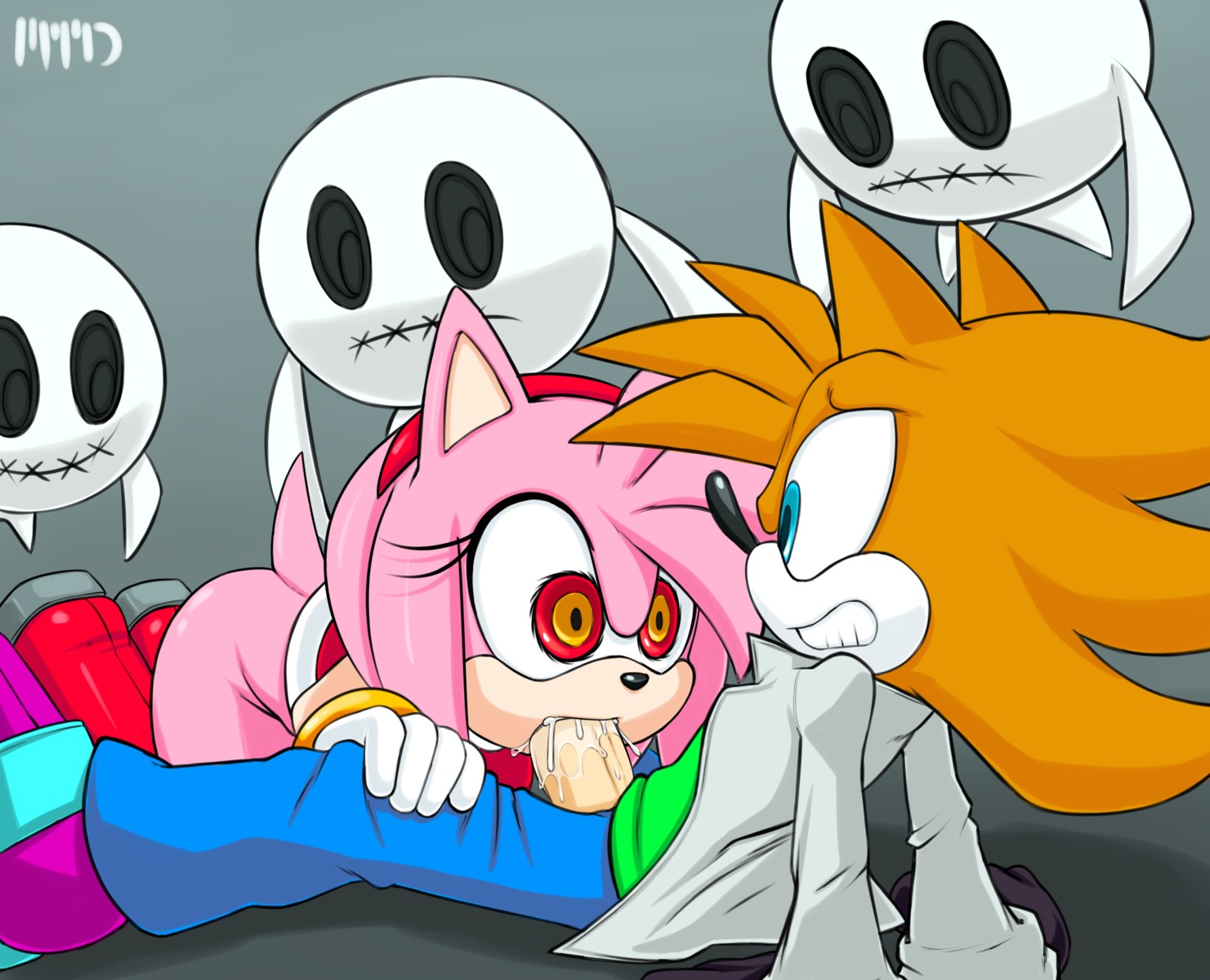 amy_rose anthro black_nose blue_eyes bodily_fluids boo_(sonic) bottomless brown_body brown_fur clothed clothing cum cum_in_mouth cum_inside e621 erection eulipotyphlan fan_character fellatio female footwear fur genital_fluids genitals ghost gloves gradient_background grey_background group hair handwear hedgehog hi_res male male/female mammal marthedog multicolored_eyes oral oral_penetration orange_hair orgasm penetration penile penis pink_body pink_fur pink_hair possessed_amy_rose possession red_eyes sega sewn_mouth sex shoes simple_background sonic_the_hedgehog_(series) spirit teeth white_clothing white_gloves white_handwear