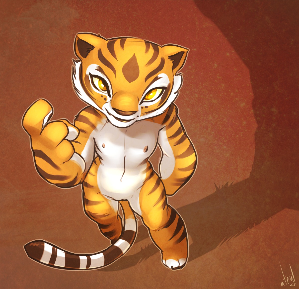 2014 amber_eyes anthro atryl beckoning bird's-eye_view digital_media_(artwork) dreamworks e621 felid female first_person_view flat_chested genitals gesture high-angle_view kung_fu_panda looking_at_viewer mammal master_tigress nipples nude pantherine simple_background small_waist smile solo stripes tiger vulva yellow_eyes