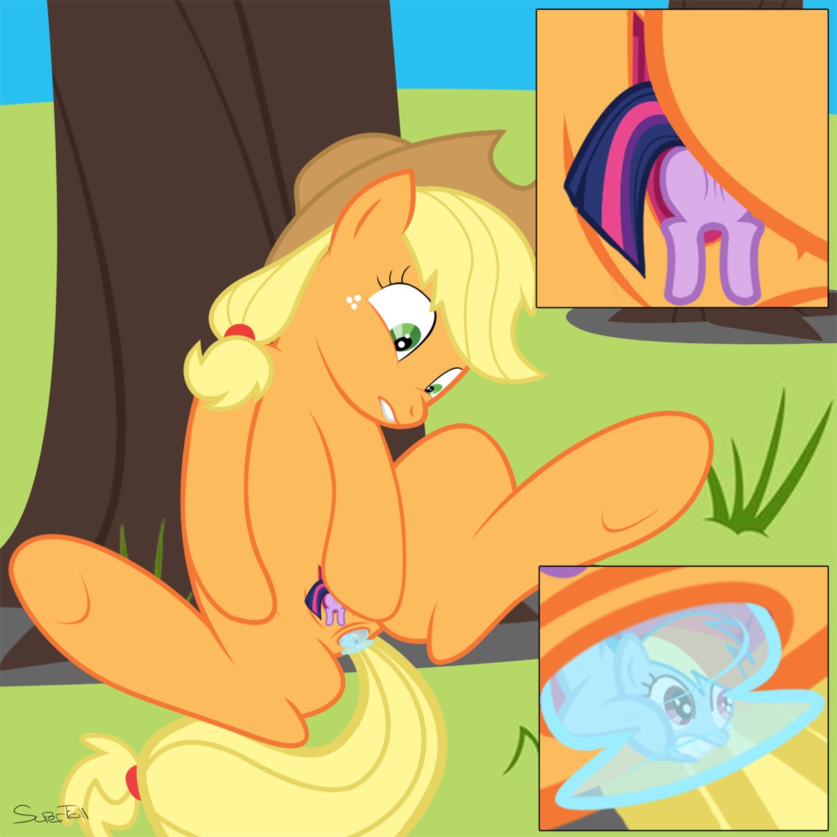 1:1 2013 anal anal_penetration anal_vore anus applejack_(mlp) blue_body blue_fur close-up clothing digital_media_(artwork) dildo e621 earth_pony entrapment equid equine extreme_size_difference female feral freckles friendship_is_magic fur genitals group hair hasbro hat headgear headwear hi_res horse inside_dildo mammal micro multicolored_hair my_little_pony object_entrapment outside penetration plant pony purple_body purple_fur purple_hair quadruped rainbow_dash_(mlp) rainbow_hair sex_toy size_difference supertroll tail tree twilight_sparkle_(mlp) two_tone_hair unbirthing vaginal vector vore vulva