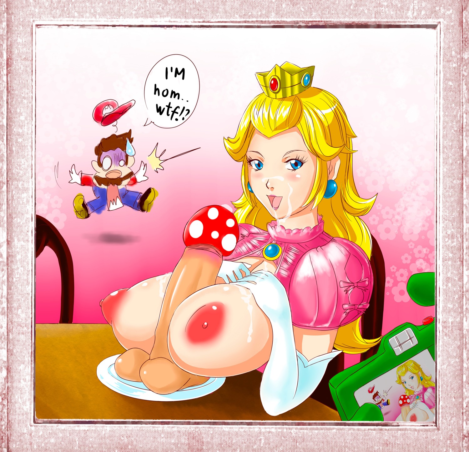 artist_request big_breasts breasts clothes color crown cum_on_face ear_piercing elbow_gloves female gloves hair hentaiunited.com human long_hair male mario mario_(series) mushroom_penis nintendo nipples penis piercing princess_peach rule34 sitting super_mario_bros. tagme yellow_hair