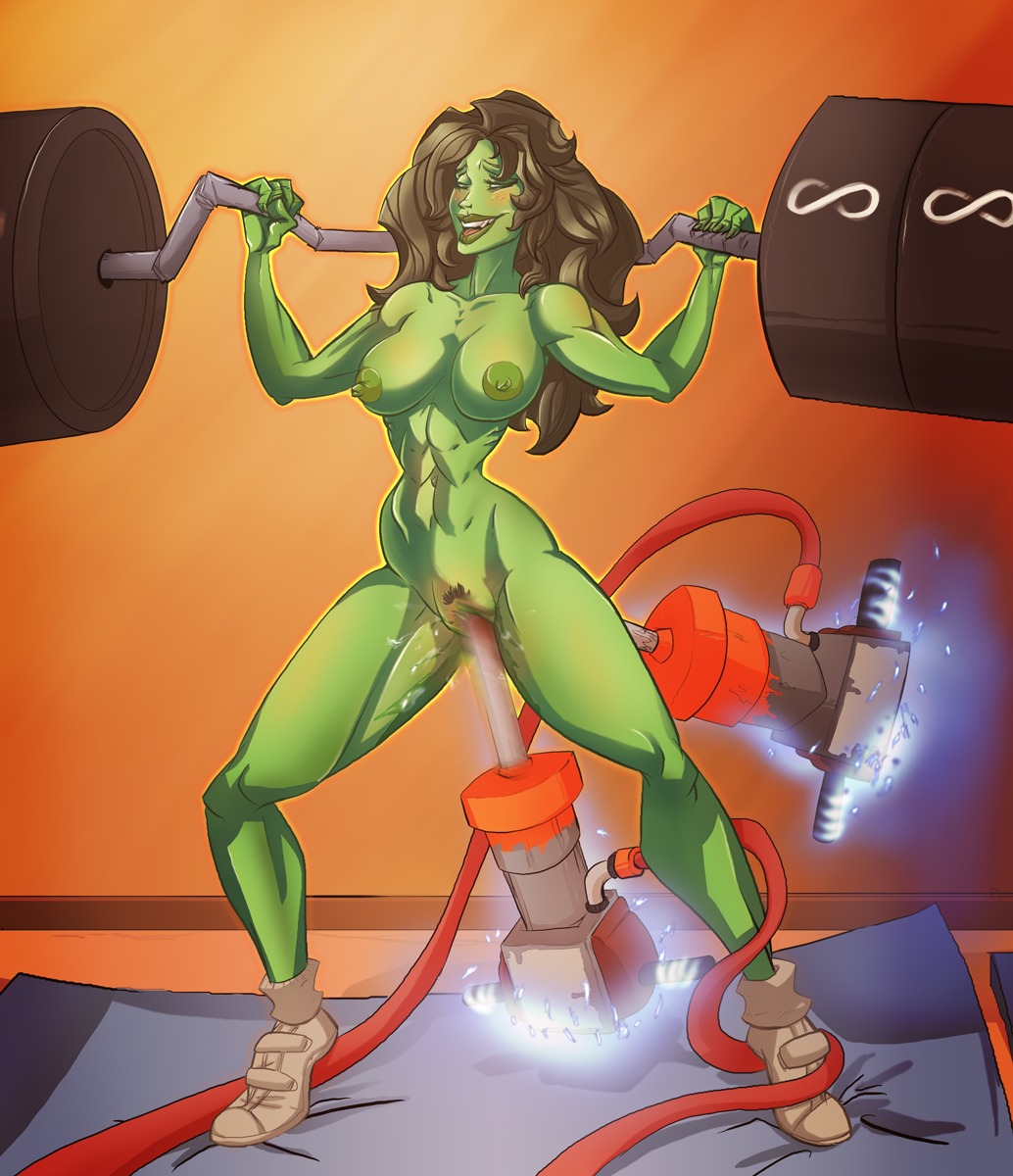 1girls abs big_breasts black_hair breasts chogori double_penetration exercise female female_only green_skin hulk_(series) improvised_sex_toy jackhammer marvel marvel_comics masturbation naked nipples pubic_hair rule34 she-hulk shoes solo superheroine toned toned_female weightlifting weights workout
