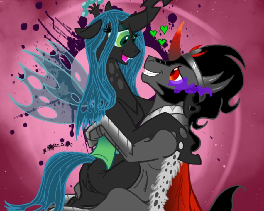 5:4 arthropod changeling_(mlp) crown duo e621 equid equine eye_contact female feral friendship_is_magic genitals grin hasbro headgear heart_symbol horn insect_wings interspecies king king_sombra_(mlp) looking_at_another love male male/female mammal my_little_pony mythological_creature mythological_equine mythology necrofeline queen queen_chrysalis_(mlp) romantic romantic_ambiance romantic_couple royalty smile smoking_eyes tail unicorn vulva wings
