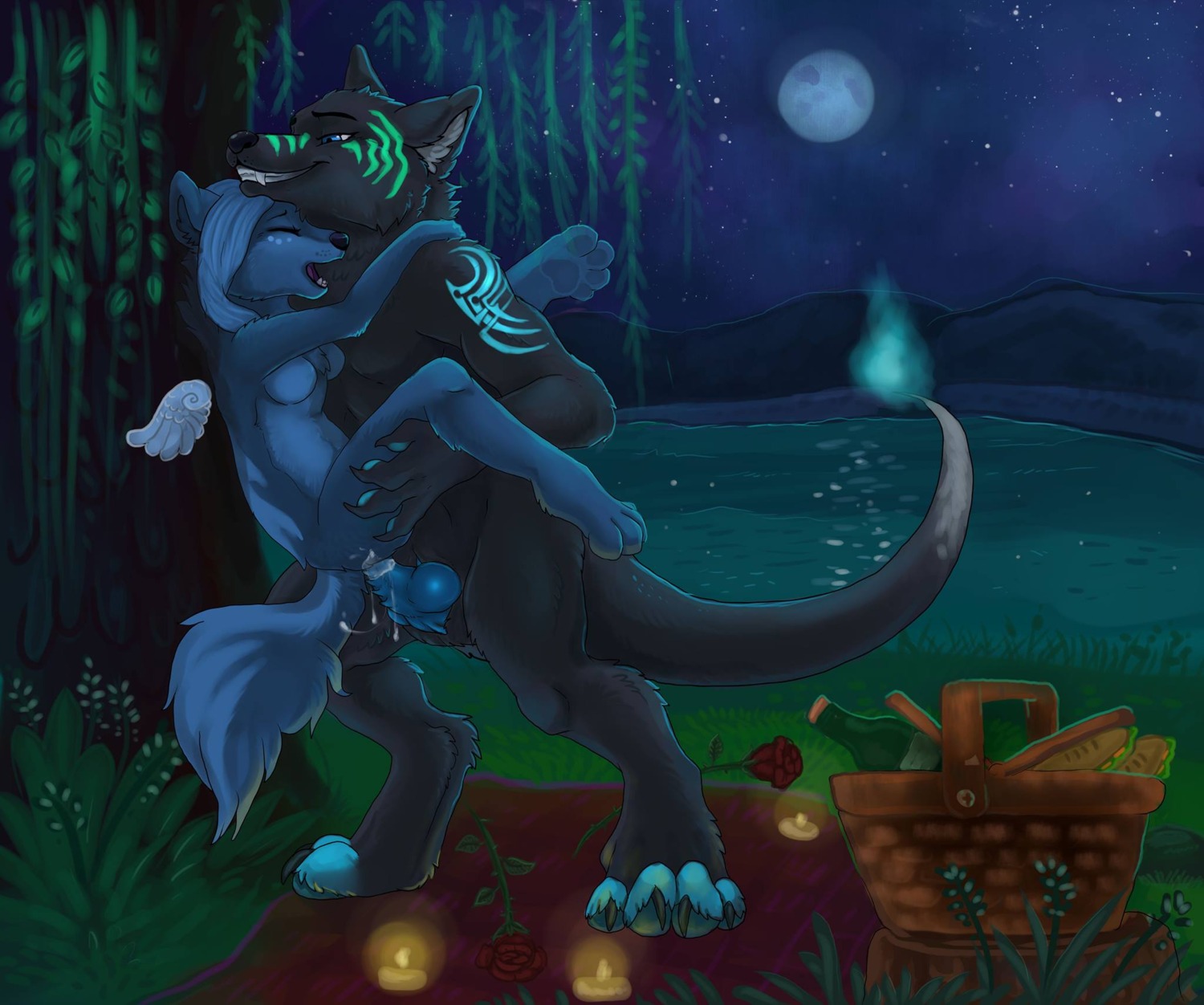 anthro balls black_body black_fur bodily_fluids breasts candle canid canine canis cum cum_inside detailed_background duo e621 erection feathered_wings feathers female female_penetrated floating_wings flower fur genital_fluids genitals heterochromia hi_res kyuubreon love male male/female male_penetrating male_penetrating_female mammal moon night nude open_mouth ormeath outside penetration penile penile_penetration penis penis_in_vagina plant romantic romantic_ambiance rose_(flower) sex sky smile star starry_sky tree unusual_anatomy unusual_wings vaginal vaginal_penetration water wings wolf young young_anthro