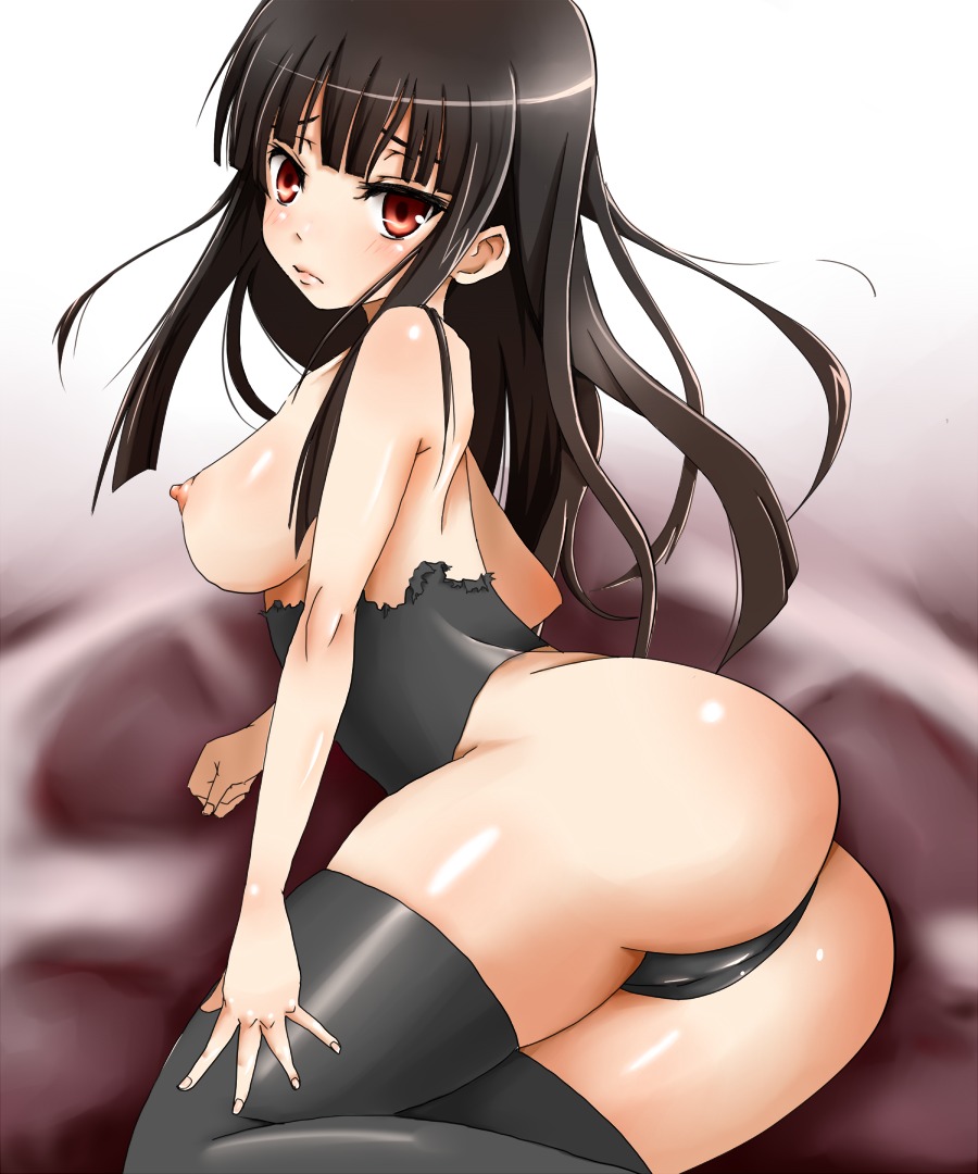 07th_expansion ass black_hair blush breasts female female_only long_hair lucifer_(umineko) nipples pointy_chin red_eyes rule34 solo stakes_of_purgatory thighhighs torn_clothes umineko_no_naku_koro_ni