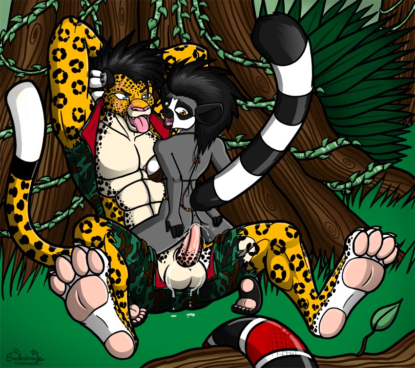 accessory anus beaded_straps beads bodily_fluids bottomless bottomwear butt camo camo_bottomwear camo_clothing camo_pants camo_print clothed clothing cum detailed_background duo e621 erection felid female female_penetrated forest from_front_position genital_fluids genitals grass hair_accessory hair_beads hands_behind_head holding_butt interspecies jacket jaguar jungle larger_male lemur looking_at_viewer looking_back male male/female male_penetrating male_penetrating_female mammal markings mastery_position multicolored_penis nature nipples on_lap on_top open_bottomwear open_clothing open_pants open_shirt open_topwear outside pantherine pants pattern_bottomwear pattern_clothing pattern_pants penetration penile penile_penetration penis penis_in_vagina pink_nipples pink_penis plant predator/prey primate raised_tail rear_view reclining red_body red_scales reptile ring-tailed_lemur ring_(marking) ringed_tail saillestraife scales scalie sex shirt sitting_on_lap size_difference smaller_female smaller_penetrated snake spots spread_butt spreading straddling strepsirrhine striped_markings striped_tail stripes tail tail_markings tongue tongue_out topwear torn_clothing tree vaginal vaginal_penetration vines
