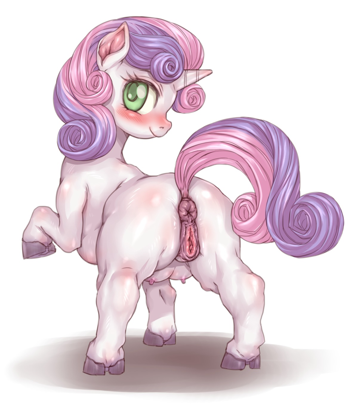 2013 anatomically_correct anatomically_correct_genitalia anatomically_correct_vulva animal_genitalia animal_vulva anus big_anus blush body_blush butt butt_blush censor_removal_edit e621 equid equine equine_genitalia equine_vulva female feral friendship_is_magic genitals green_eyes hair hasbro hi_res hoihoi horn looking_at_viewer looking_back mammal multicolored_hair my_little_pony mythological_creature mythological_equine mythology nipples puffy_anus purple_hair simple_background solo standing sweetie_belle_(mlp) teats third-party_edit two_tone_hair unicorn vulva white_background young young_feral