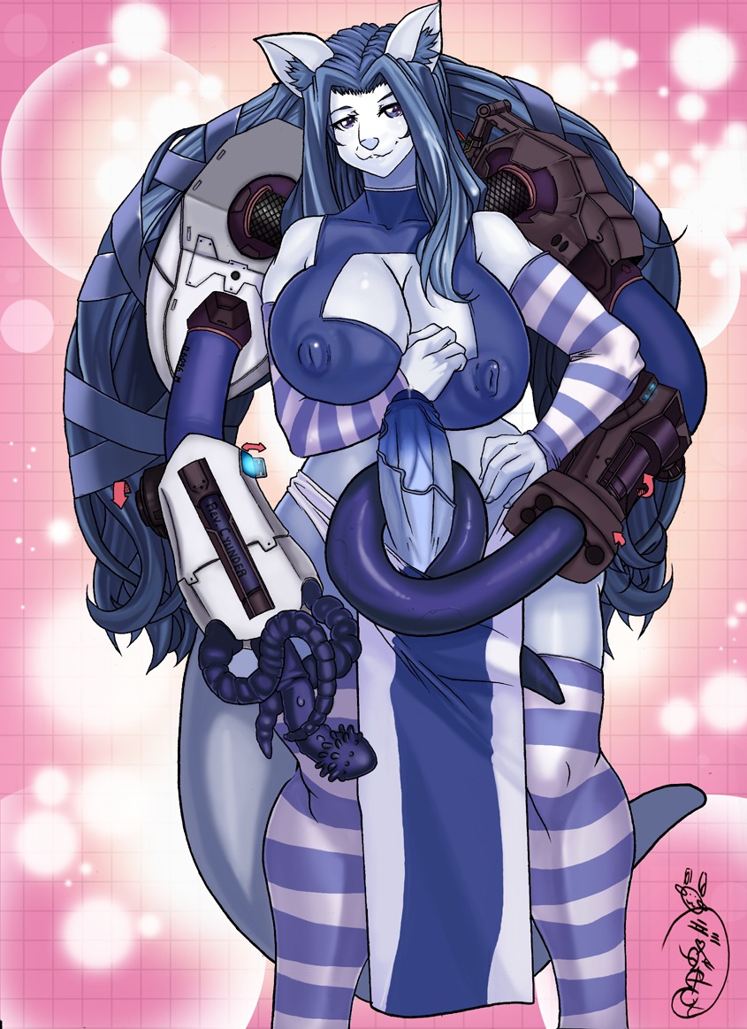 anthro big_breasts blue_hair breasts chaosie cleavage clothed clothing cybernetics cyborg e621 erect_nipples erection felid fur genitals gynomorph hair intersex legwear looking_at_viewer machine mammal nipple_outline nipples pattern_clothing pattern_legwear pelvic_curtain penis purple_eyes quickdraw sex_toy smile solo standing striped_clothing striped_legwear stripes tentacles white_body white_fur