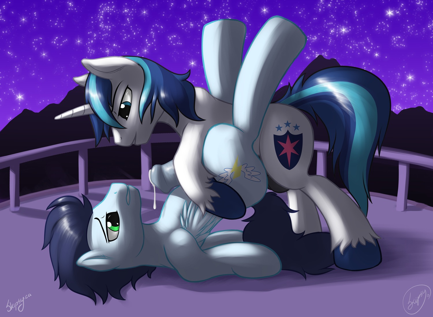 anal anal_penetration balls blue_body blue_feathers bodily_fluids cutie_mark duo e621 equid equine erection eye_contact feathered_wings feathers feral feral_on_feral feral_penetrated feral_penetrating feral_penetrating_feral friendship_is_magic from_front_position genital_fluids genitals hasbro hi_res horn legs_up looking_at_another looking_at_partner lying male male/male male_penetrated male_penetrating male_penetrating_male mammal my_little_pony mythological_creature mythological_equine mythology night nude on_back outside pegasus penetration penile penile_penetration penis penis_in_ass precum sex shaded shining_armor_(mlp) signature skipsy sky soarin_(mlp) tail unicorn wings wonderbolts_(mlp)