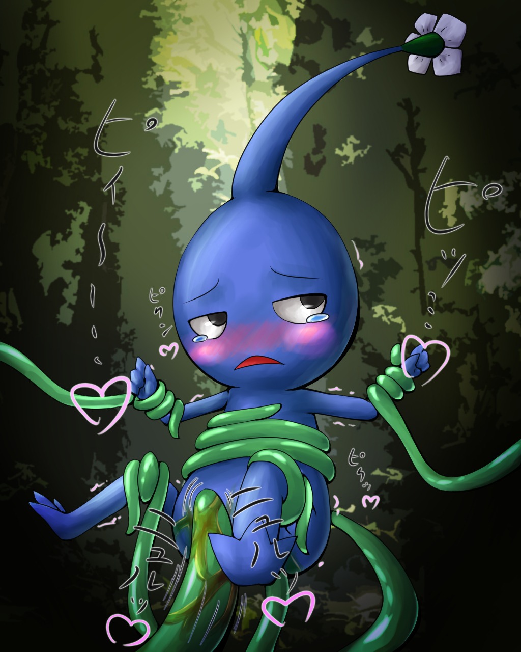 4:5 ambiguous_gender anthro blue_body blue_pikmin blush bodily_fluids colored detailed_background e621 elemental_creature flora_fauna flower forced hi_res hybrid japanese_text nature nintendo outside pikmin pikmin_(species) plant rape sex solo tears tentacles text translation_request unavailable_at_source unknown_artist