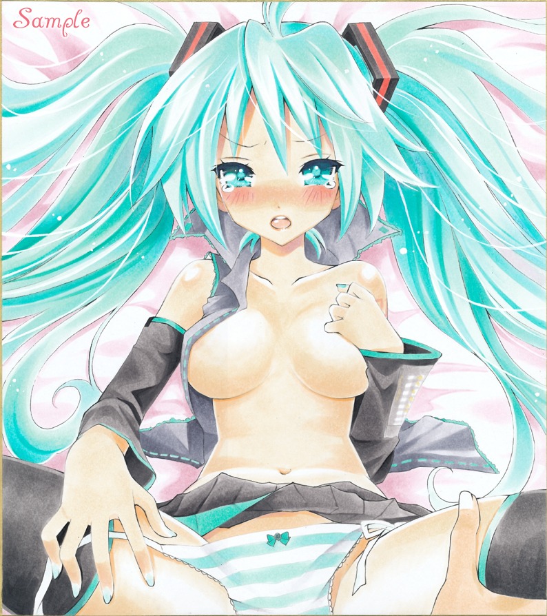 1girl 1girls aqua_eyes aqua_hair ayuayu blush breasts detached_sleeves female hand_on_chest hand_on_own_chest hand_to_chest hatsune_miku long_hair lying medium_breasts navel open_clothes open_mouth open_shirt panties rule34 sample shirt side-tie_panties skirt solo striped striped_panties tear tears thighhighs tied_hair traditional_media twintails underwear very_long_hair vocaloid