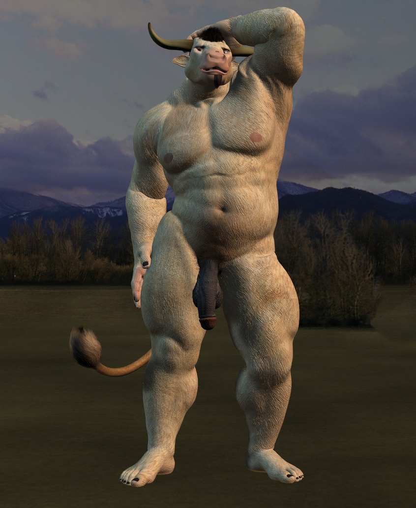 3d_(artwork) 5_toes abs anthro balls barefoot biceps biped bovid bovine cattle detailed_background digital_media_(artwork) e621 evening facial_hair feet fur genitals goatee half-erect hand_behind_head hand_on_head hand_on_hip horn humanoid_feet humanoid_genitalia humanoid_penis male mammal mountain muscular muscular_anthro muscular_male nature nipples nude outside paws pecs penis plantigrade pose presenting pubes sky solo standing tail tail_tuft thick_thighs toes tuft vic34677 white_body white_fur