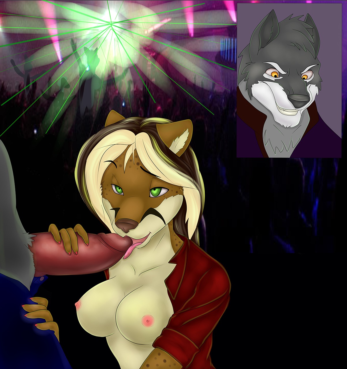 anthro breasts canid canine canis cydergerra duo e621 erection fellatio female genitals hi_res hybrid jenny_greene_(mrneedlemouse) licking male male/female mammal nipples oral party penile penis penis_lick rape_face rave sex thick_penis tongue tongue_out wolf