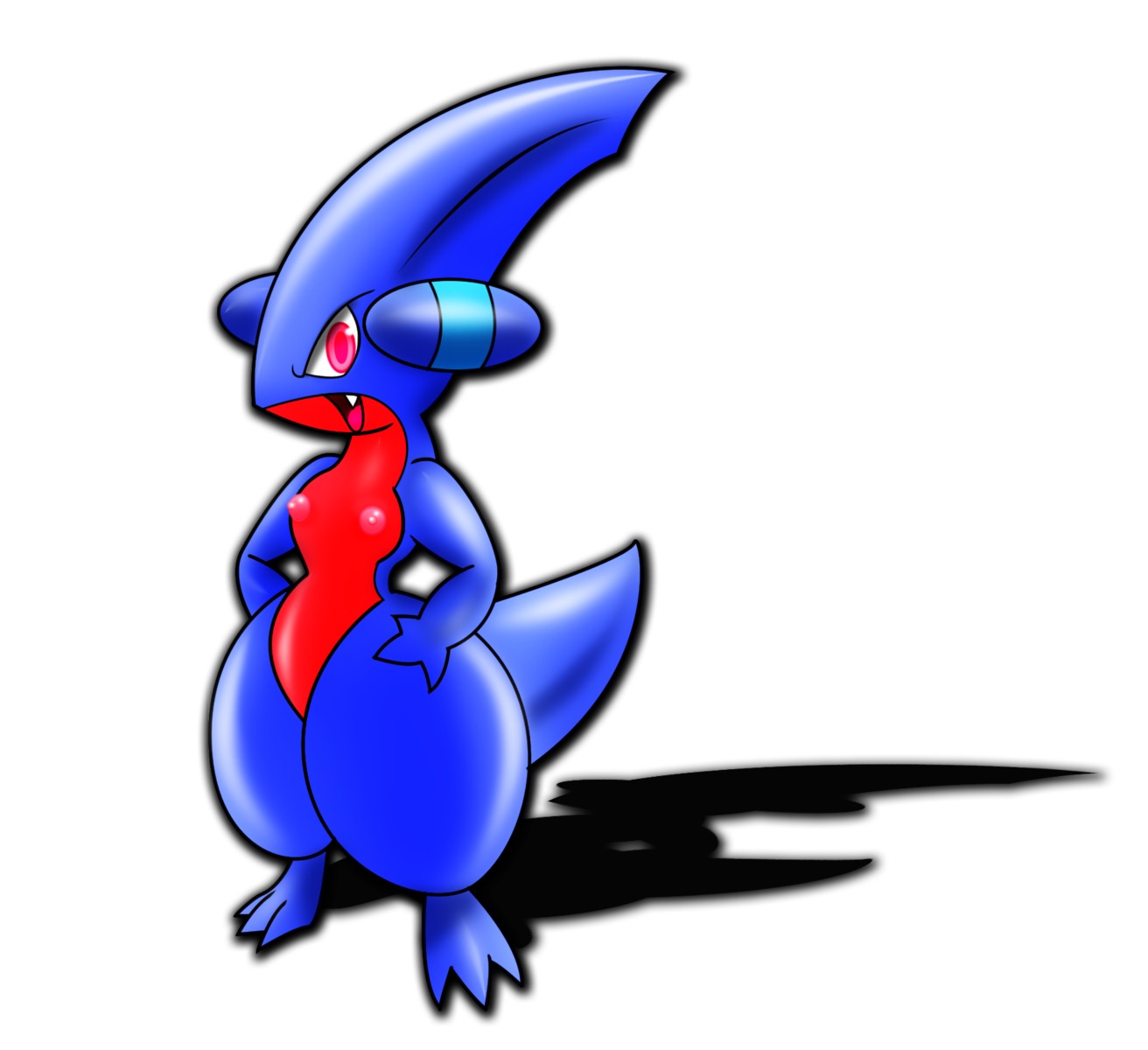 anthro barefoot blue_skin female female_only flat_chest game_freak gb_of_bs generation_4_pokemon gible nintendo nipples open_eyes pink_eyes pok&eacute;mon_(species) pokemon pokemon_(species) pokemon_dppt red_skin rule34 simple_background solo standing white_background