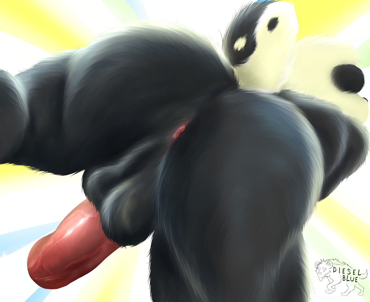anthro anus backsack balls bear bent_over black_body black_fur butt butt_shot crotch_shot dieselblue digital_media_(artwork) digital_painting_(artwork) e621 erection foreskin fur genitals giant_panda humanoid_genitalia humanoid_penis low-angle_view male mammal moogle_(character) musclegut muscular nude painting_(artwork) penis pose rear_view slightly_chubby solo spread_legs spreading thick_penis white_body white_fur worm's-eye_view