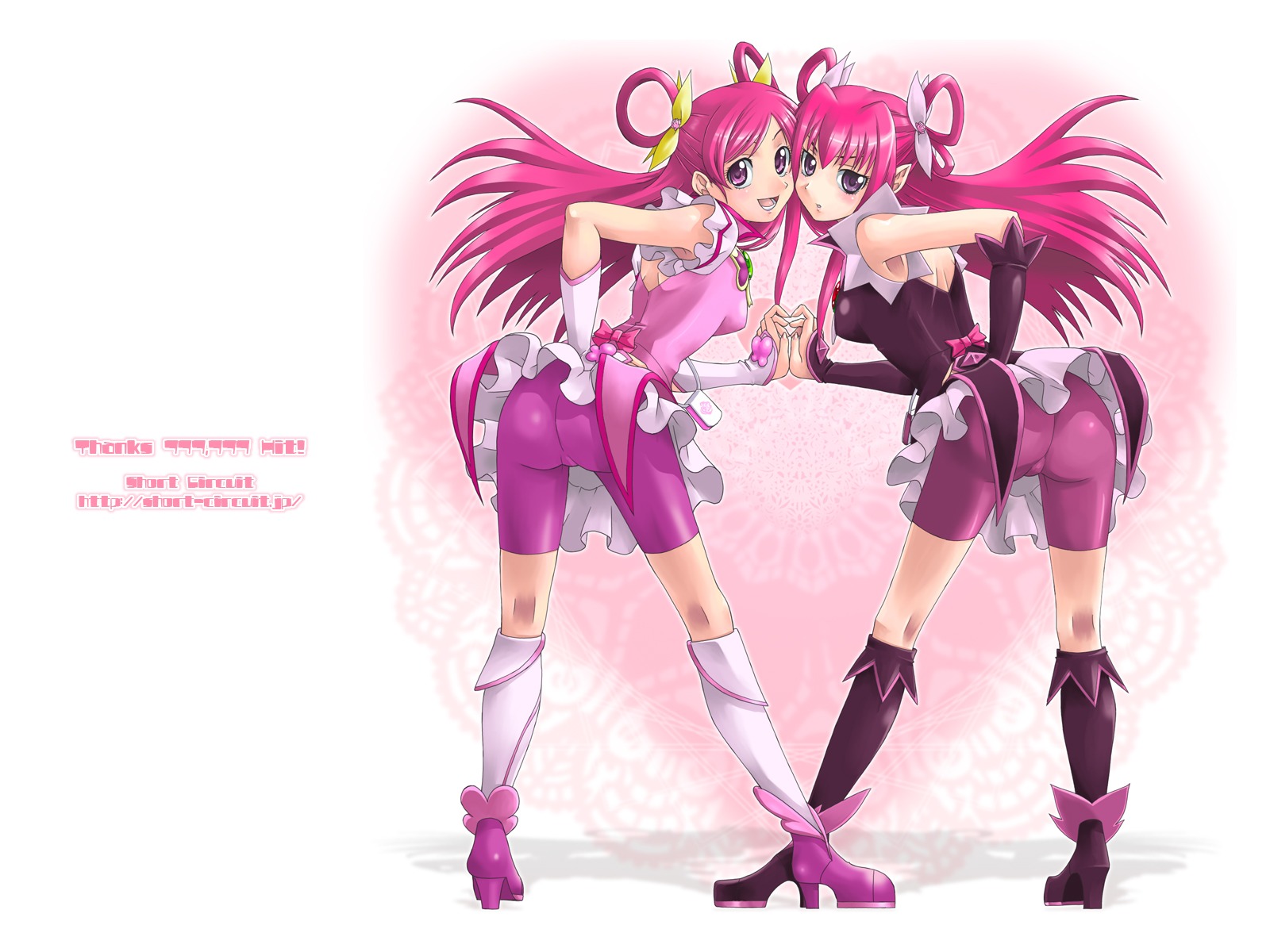 ass breasts clothing cure_dream dark_dream female heart heart_background high_res highres human human_only magical_girl multiple_females multiple_girls pink pink_background precure pretty_cure rule34 shorts shorts_under_skirt small_breasts wallpaper white_background yaso_shigeru yes!_precure_5 yumehara_nozomi