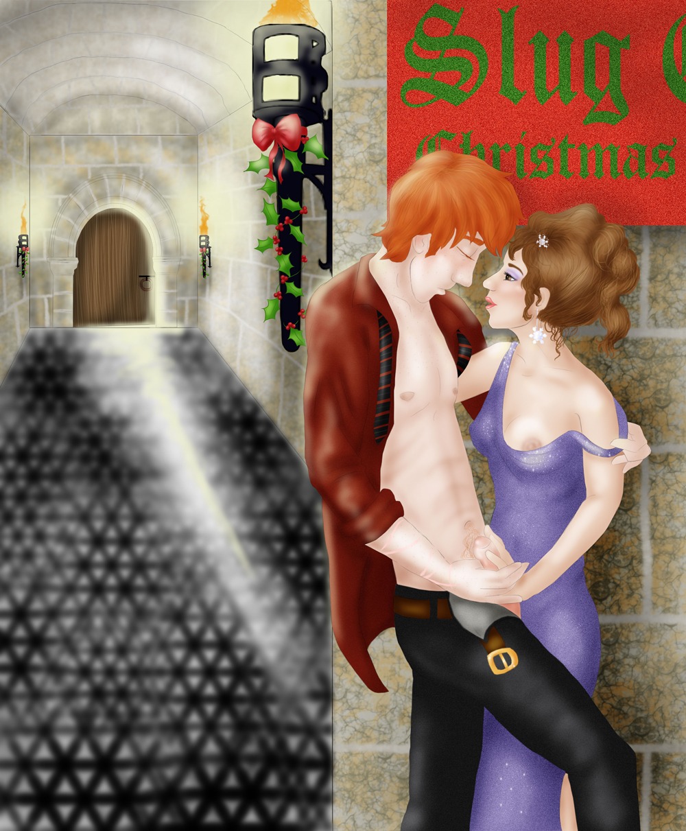 1girls breasts breasts_out christmas dress english_text female gryffindor harry_potter hermione_granger hollyboo2001 nipples ron_weasley rule34 straight tagme text witch_(harry_potter)