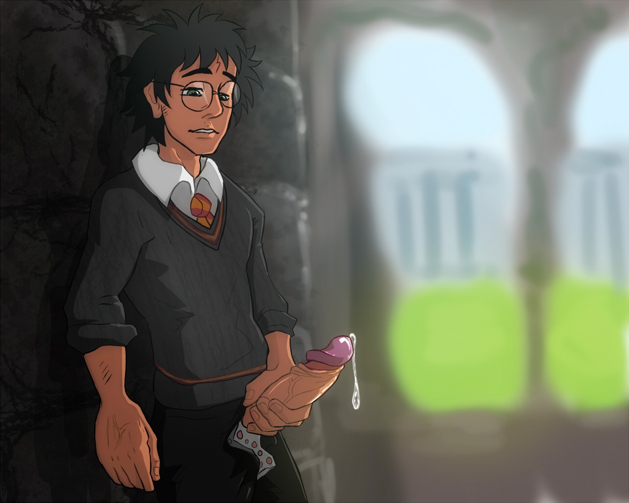1boy anma black_hair erection foreskin fully_retracted_foreskin glasses green_eyes gryffindor gryffindor_tie harry_james_potter harry_potter holding_penis looking_at_penis male male_only masturbation open_fly penis penis_out precum_drip precum_string retracted_foreskin rule34 scar solo solo_focus uncircumcised