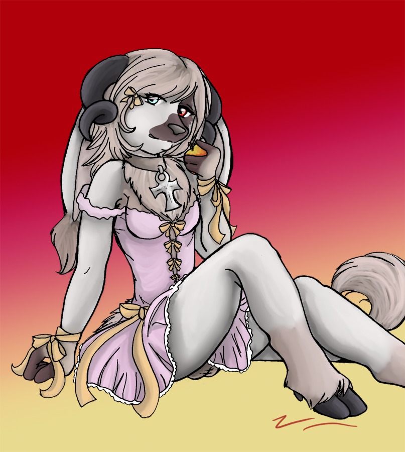 abstract_background accessory ankh apple balls bent_arm bent_legs blue_eyes bovid bow_(feature) bow_accessory bow_dress bow_in_front bow_ribbon breasts brown_body brown_fur caprine caprine_demon chest_tuft clothed clothing clothing_bow collar curled_horn demon dispari dress e621 ear_tuft exposed extended_arm fluffy food fruit fur genitals gradient_background gynomorph hair_accessory hair_bow hair_ribbon herm_(lore) heterochromia hooves horn intersex mammal plant planted_legs red_eyes ribbons sheep_demon simple_background solo tail tail_tuft tuft twin_bows twin_wrist_bows white_body white_fur wrist_bow yunicoon