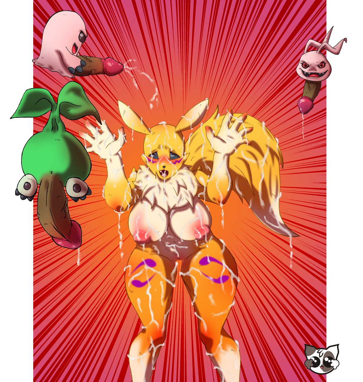 anthro areola baby_digimon bandai_namco big_areola big_breasts big_penis black_nose black_sclera blue_eyes blush bodily_fluids breasts bukkake canid canine chest_tuft clitoris cum cum_everywhere cum_on_belly cum_on_body cum_on_breasts cum_on_face cum_on_hand cum_on_leg cumshot digimon digimon_(species) e621 ejaculation erection facial_markings female flying fur genital_fluids genitals glans group hanging_breasts head_markings hi_res humanoid_genitalia humanoid_penis inverted_nipples koromon male mammal mane markings messy motimon navel nekom neonate nipples nude open_mouth orgasm penis red_eyes renamon tanemon tuft vein vulva white_body white_fur yellow_body yellow_fur young
